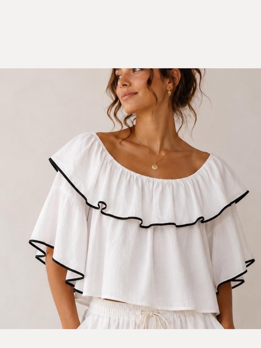 Zara Basic blouse Off Shoulder Ruffle Bell Sleeve Top 100% Cotton